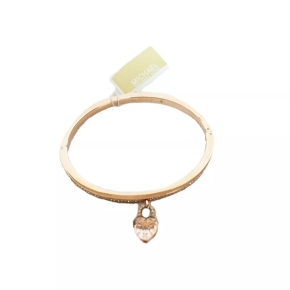 Michael Kors Bracelet Rose Gold Logo Love Heart Charm Rhinestone Hinge Bangle - Picture 1 of 10